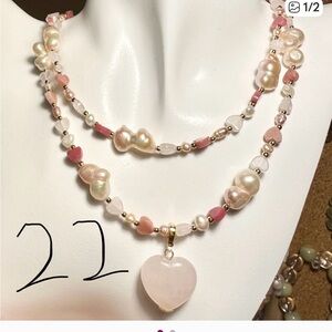 Pearl Necklace with Removable Rose Quartz Pendant 34 inches